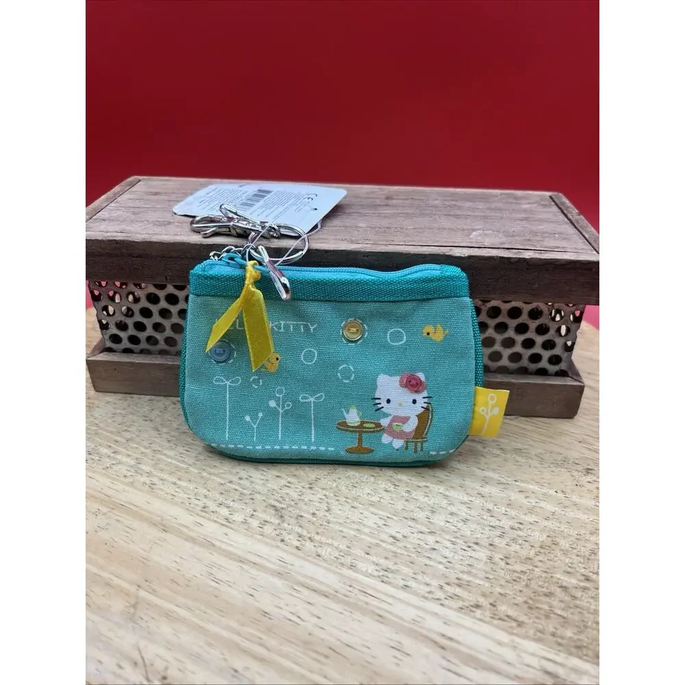 Hello Kitty Sanrio License coin purse/ key chain 2004 green flowers buttons